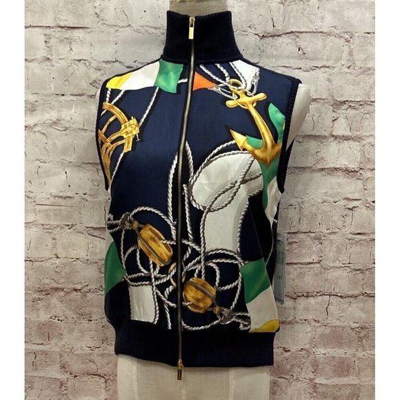 Lauren Ralph Lauren Sweaters - Lauren Ralph Lauren Petite S Sweater Vest Nautical Full Zip Silk Scarf Print NEW